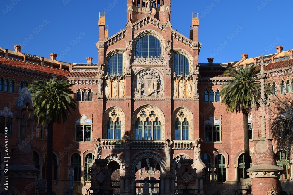 Facade of the former Hospital de la Santa Creu i Sant Pau. Barcelona, Spain.