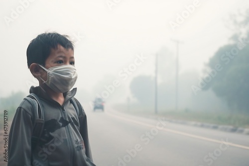asian child standing beside the road wearing a mask from air pollution photo