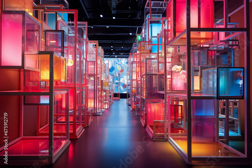 Colored boxes in an illuminated corridor