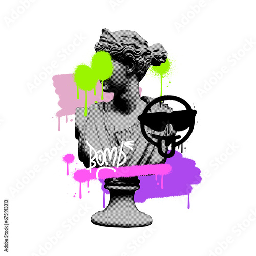 Urban street style vaporwave ancient bust statue in halftone style with graffiti abstract prints. Graphic vandalism on sculpture vector print for tee - t shirt