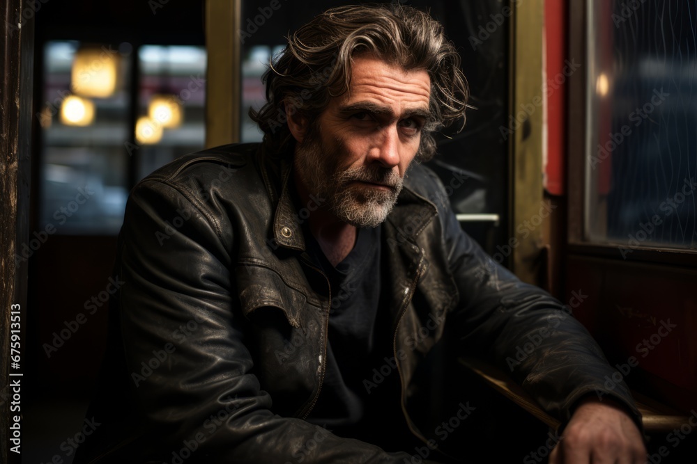 Portrait of a man in a leather jacket sitting in a cafe