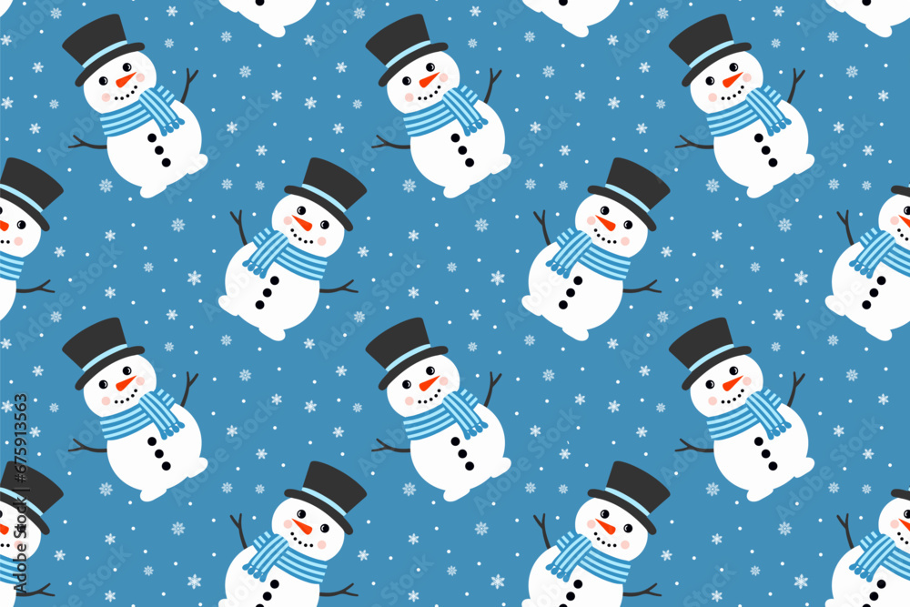 Cute Vector Snowman Seamless Pattern. Falling Snowflakes on Blue Background. Christmas and New Year Design