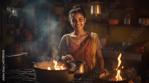 Young Indian woman cooking in a traditional Indian kitchen