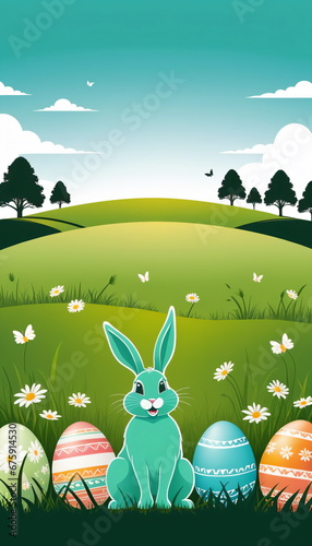 Easter Panorama  Bunny and Eggs on a Spring Meadow