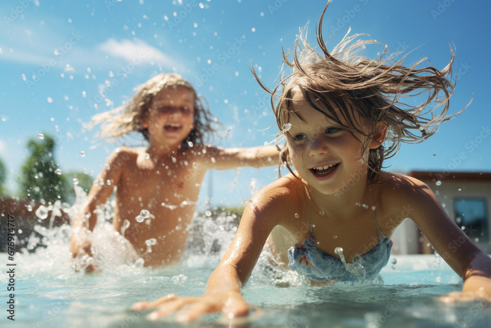 The group portrait of the lively and happy kids swimming and making a splash in an outdoor pool in a warm sunny day. play Generative AI. The group portrait of the lively and happy kids swimming and making a splash in an outdoor pool in a warm sunny day. play Generative AI.