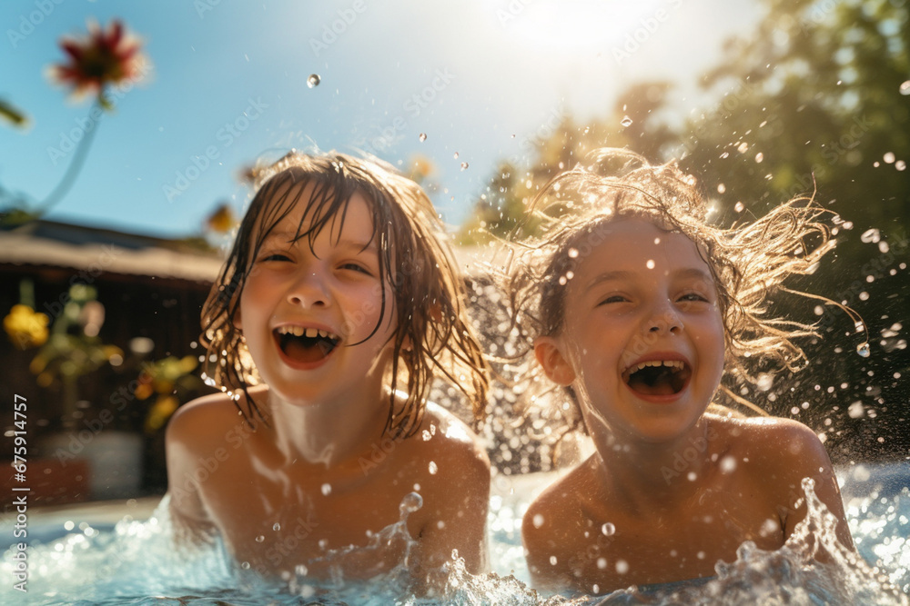 The group portrait of the lively and happy kids swimming and making a splash in an outdoor pool in a warm sunny day. play Generative AI.
