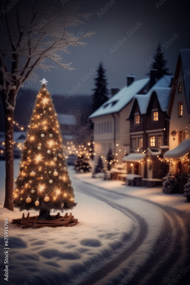 Christmas tree on snowy streets. Winter landscape of a small town decorated for Christmas and New Year.
