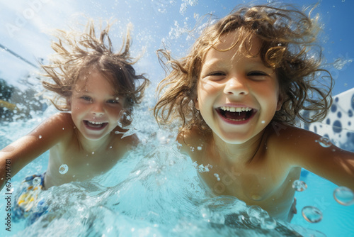 The group portrait of the lively and happy kids swimming and making a splash in an outdoor pool in a warm sunny day. play Generative AI. © Surachetsh