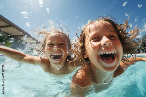 The group portrait of the lively and happy kids swimming and making a splash in an outdoor pool in a warm sunny day. play Generative AI. photo