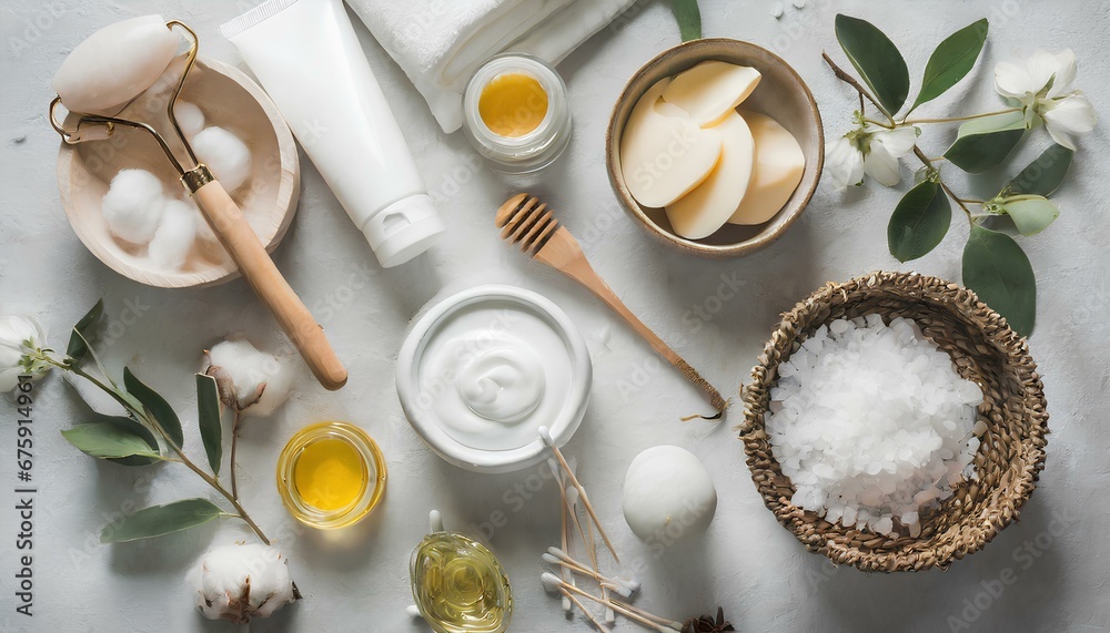 Fototapeta premium Spa, Skincare and Wellness Products and Cosmetics Flatlay on White background.