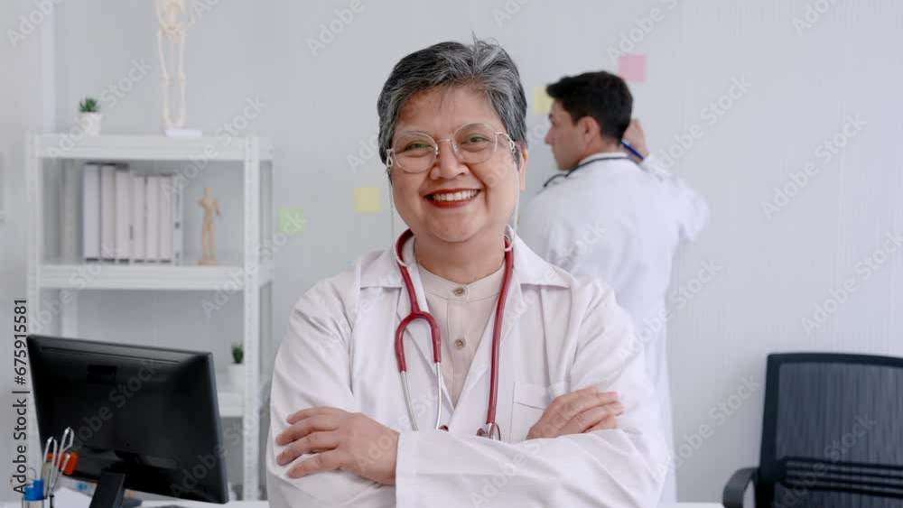 Elderly Asian female doctor wears adhesive vest, has stethoscope around neck, doctor is standing with arms crossed looking at camera smiling in examination room, behind is male medical assistant. Elderly Asian female doctor wears adhesive vest, has stethoscope around neck, doctor is standing with arms crossed looking at camera smiling in examination room, behind is male medical assistant.