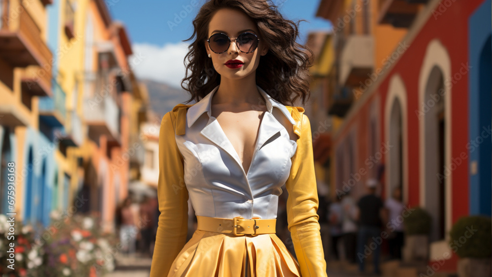 Fototapeta premium a woman in san miguel de allende dressed with white outfit, reinterpreted with modern clothes such as yellow jacket, yellow skirt, high heels, red ribbon in the head, sunglasses,