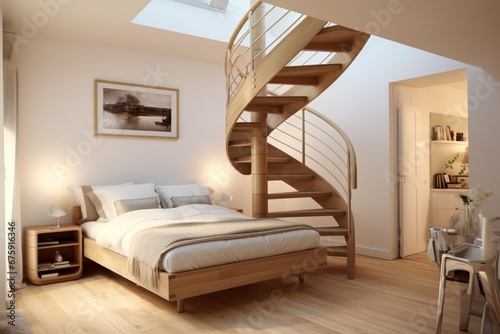 Transform a small space with a compact spiral staircase to a loft bedroom photo