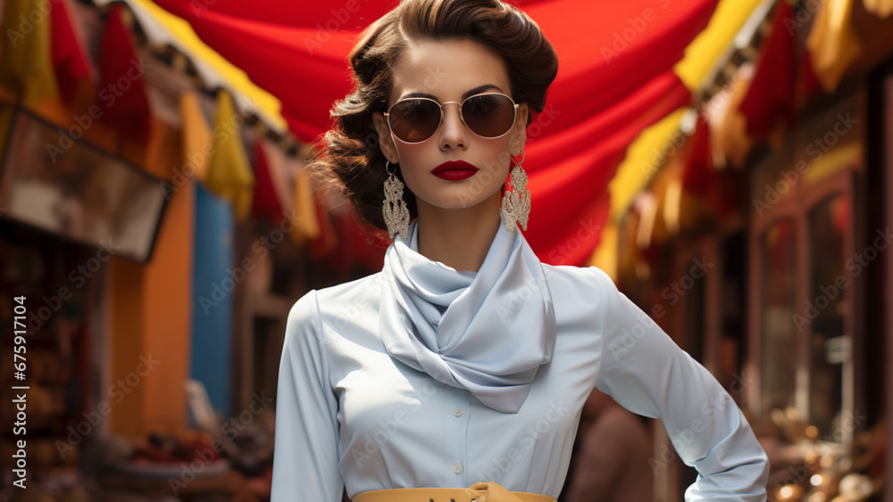 Naklejka premium a woman in san miguel de allende dressed with white outfit, reinterpreted with modern clothes such as yellow jacket, yellow skirt, high heels, red ribbon in the head, sunglasses,
