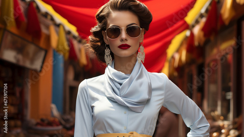 a woman in san miguel de allende dressed with white outfit, reinterpreted with modern clothes such as yellow jacket, yellow skirt, high heels, red ribbon in the head, sunglasses, photo