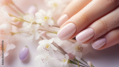 A woman's hand with a manicured nail and flowers, AI