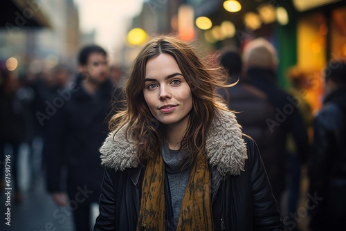Portrait of a beautiful young woman with long hair in the city