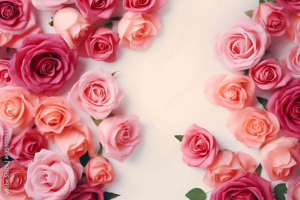 Women's Day concept. Top view photo of pink peony rose buds and sprinkles on isolated pastel pink background with copyspace. Generative AI