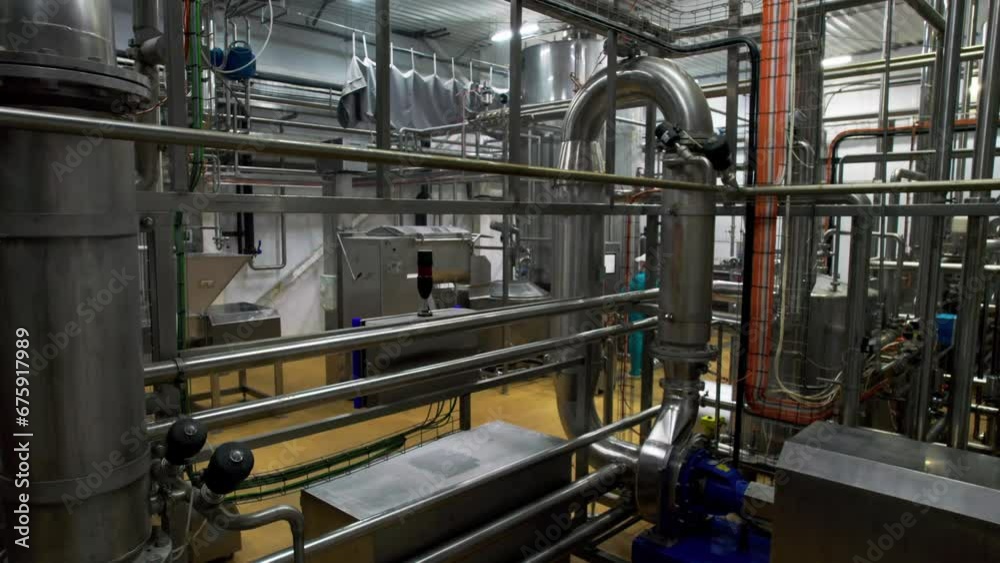 Complicated pipeline system in refinery workshop of chemical plant. Gas and evaporation exhausting equipment installed at factory