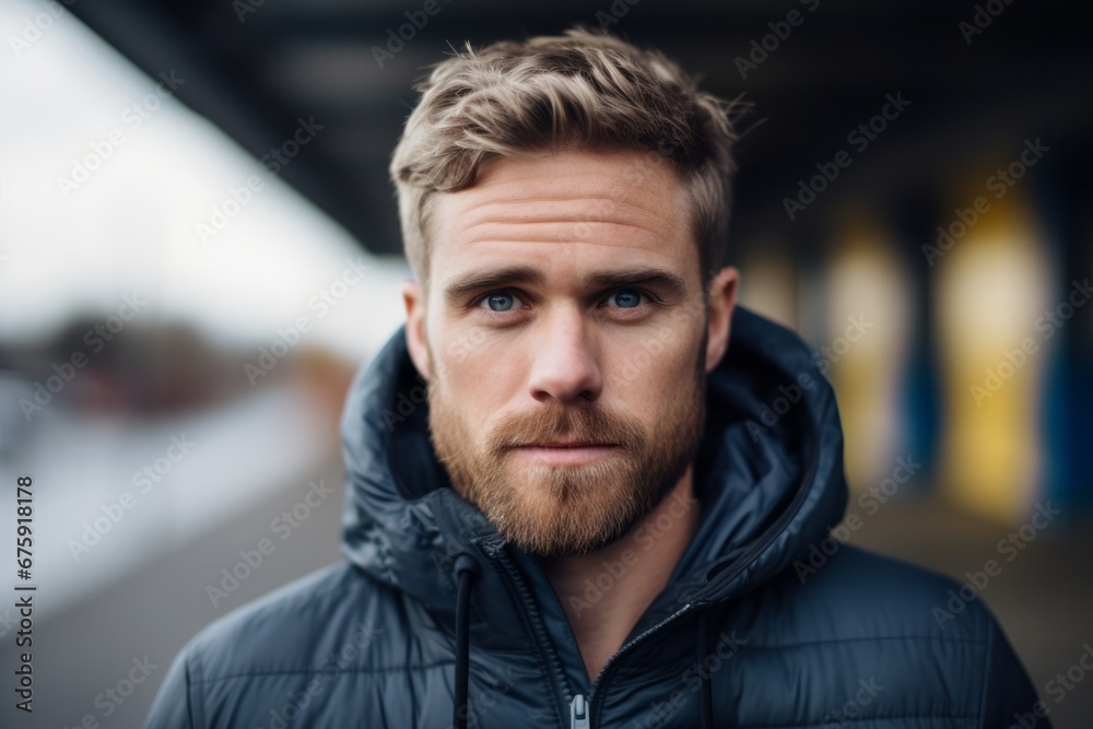 Portrait of a handsome young man with a beard in a blue jacket Portrait of a handsome young man with a beard in a blue jacket