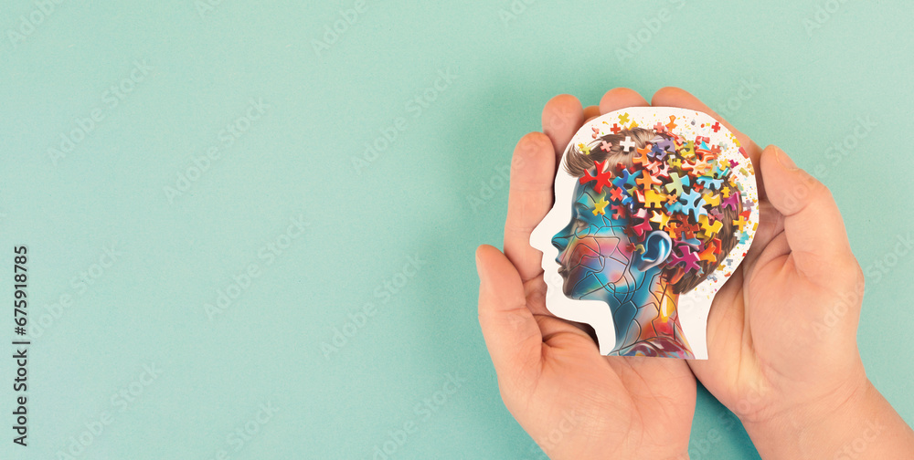 ADHD, attention deficit hyperactivity disorder, mental health, head of a child with colorful jigsaw or puzzle pieces  - obrazy, fototapety, plakaty 
