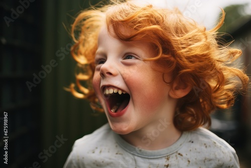 portrait of a caucasian ginger hair kid, Red hair kid. smiling. laughing out loud