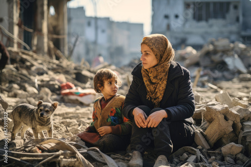Leinwand Poster Mother and child are sitting on the ruins of a destroyed house against the backdrop of the city, collapse buildings area in Palestine Israel war conflict