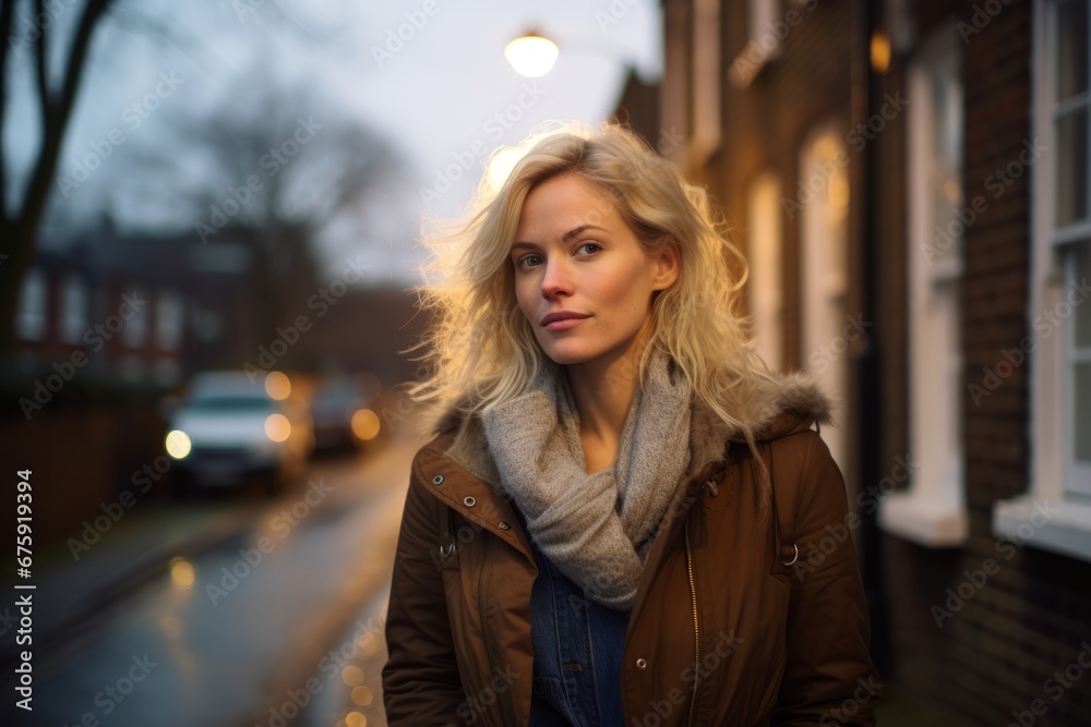 Portrait of a beautiful young woman with blond hair on the street.