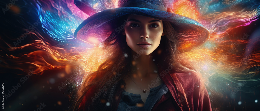 Fototapeta premium Enchantress in Colors: A Stunning and Vibrant Portrayal of a Mystical Female Wizard, Perfect for Screensavers and Desktop Backgrounds