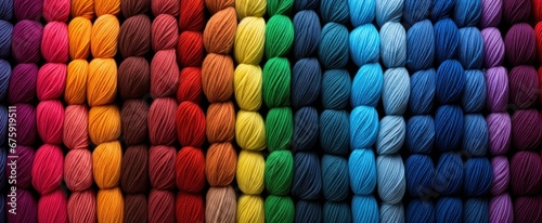 Bright yarn threads for knitting and crocheting background. Multicolored Balls of thread for needlework. Wool skeins. Various colors yarn on web banner
