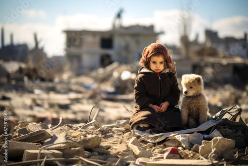 Portrait of a sad orphan girl and toy in destroyed city sitting on the rubble of a collapsed building, house. War conflict victim. Concept of support refugee, children's right, Humanitarian crisis