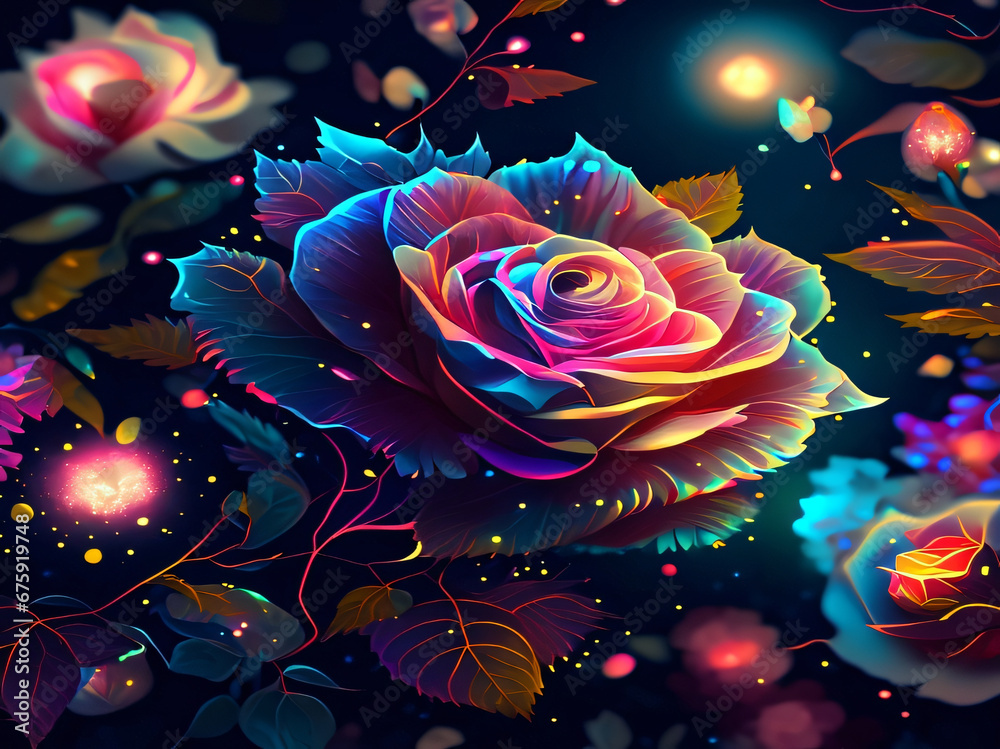 a lively and colorful stylish retro rose pattern with painted leaves and blossoms that exude a natural and exotic feel, capturing the essence of summer in a playful and charming way