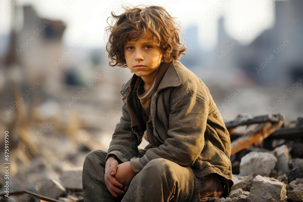 Portrait of a sad poor orphan boy in destroyed city sitting on the ...