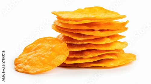 Pile of cheddar crisps isolated in white background