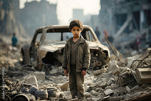 Fototapete Portrait of a sad poor orphan boy in destroyed city standing in front of collapse buildings area