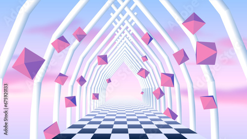 Vaporwave corridor of pillars with flying 3D donut shapes and sun in 90s style. Abstract surreal retro background for party poster or music cover.