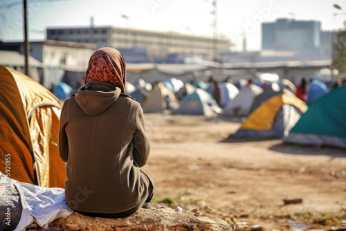 Back view of a sad woman in a hijab, who lost her home in a military conflict, war, sits in a refugee camp. Idea for support refugee, Humanitarian crisis concept. Copy space