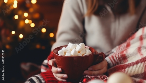 A girl holds a mug with marshmallows on New Year's.