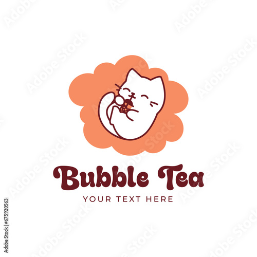 Cat with bubble tea drink vector flat cartoon kawaii logo. Cute animal drink boba milk tea. Fruit and tapioca pearls. Illustration for web, card, banner, label, sticker of cafe, shop, restaurant.