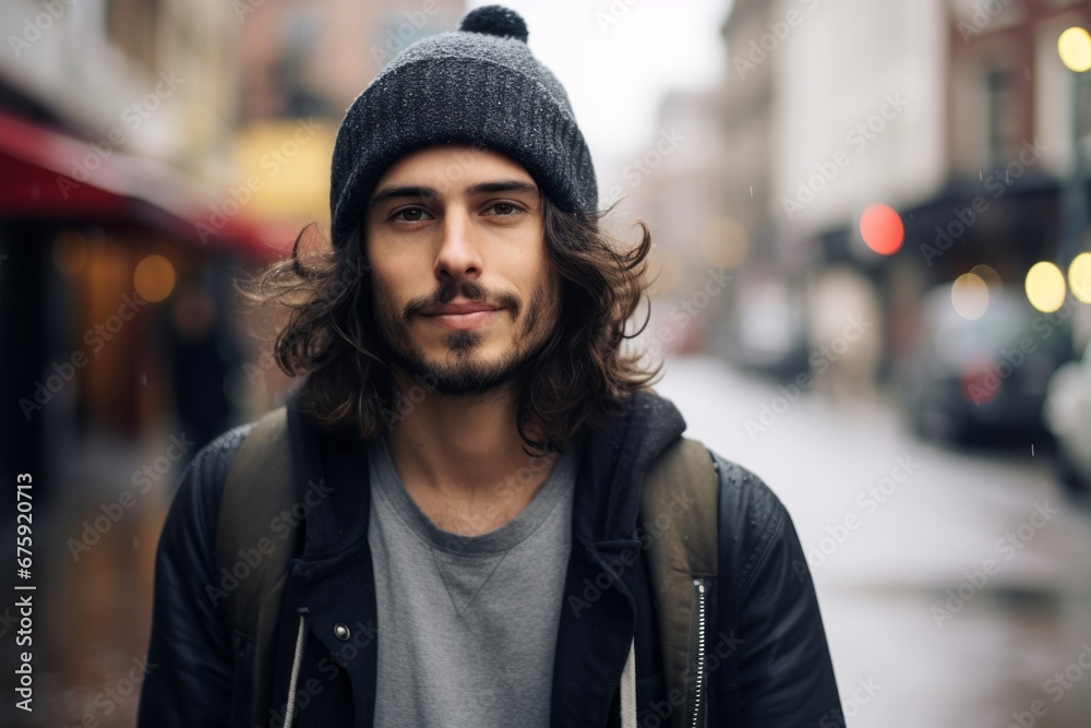 Portrait of a handsome young man with long curly hair wearing a hat and coat in the city