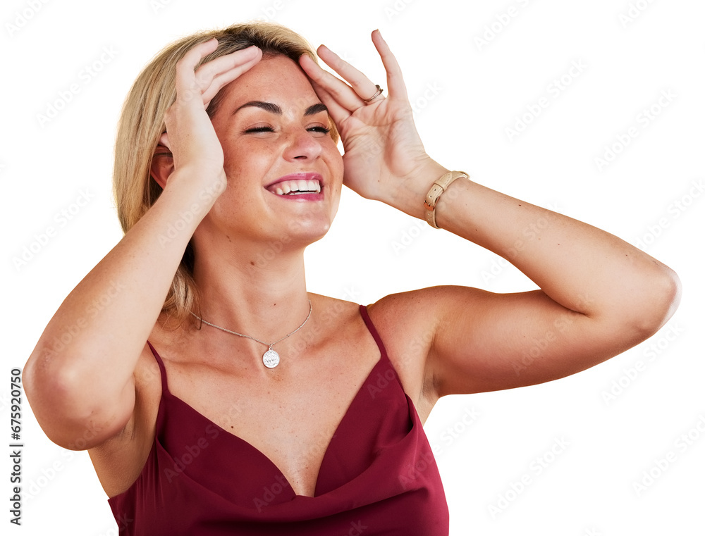 Fototapeta premium Fashion, beauty and woman laughing, smile and elegant dress isolated on a transparent background. Person, cosmetics and model with trendy clothes, png or aesthetic makeup with a stylish outfit
