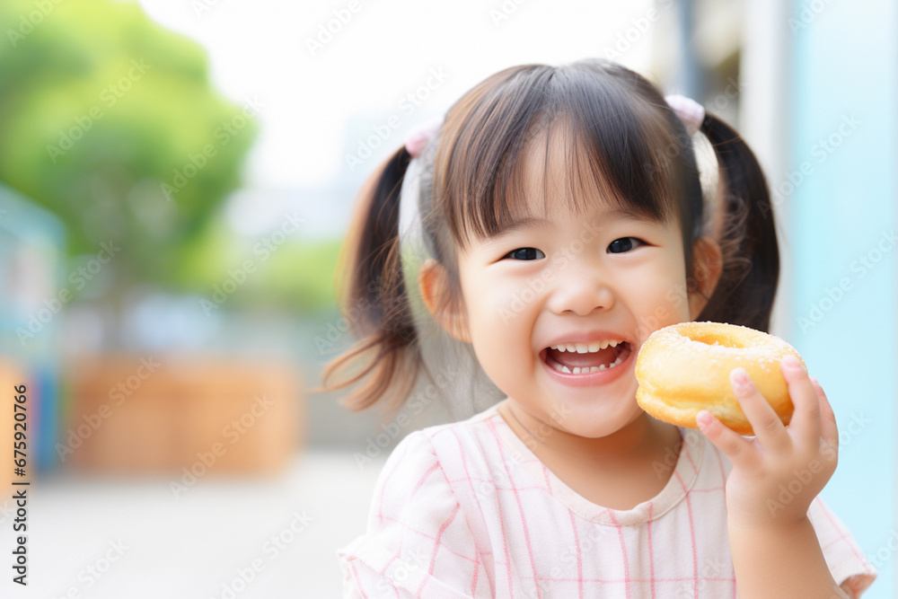 The portrait of a little cute Asian girl holding a delicious icing donut with two hands and eating happily on a city street. Generative AI. The portrait of a little cute Asian girl holding a delicious icing donut with two hands and eating happily on a city street. Generative AI.