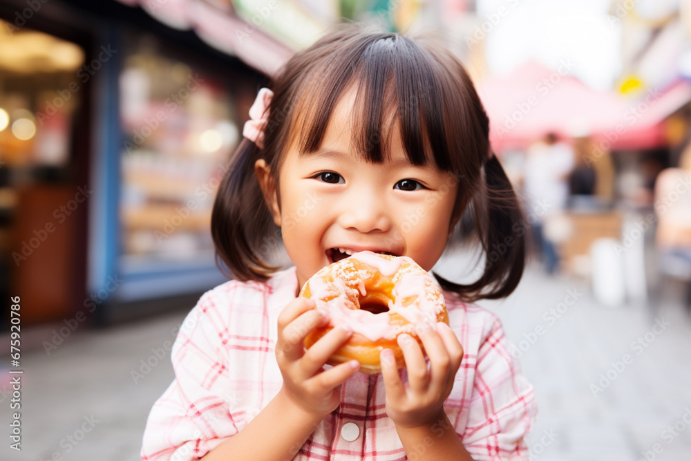 The portrait of a little cute Asian girl holding a delicious icing donut with two hands and eating happily on a city street. Generative AI.