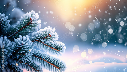 Oszronione, pokryte śniegiem gałęzie świerku, sosny, padający śnieg. Bożonarodzeniowe, zimowe tło