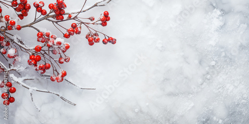 branches with red berries covered with frost on a snow-covered marble board. ai generative photo