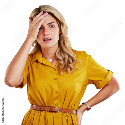 Obraz na plátně Frustrated woman, headache and stress in mistake, anxiety or mental health isolated on a transparent PNG background