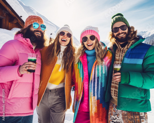 Group of friends enjoying drink In bar At ski resort. Sunny day with lot of snow. Colorful fashionable retro style clothes. © Santijago