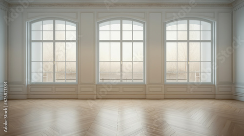empty bright room with large windows and white walls and parquet. ai generative