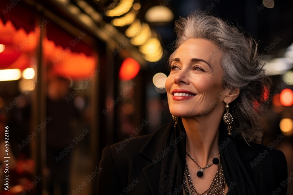 Portrait of a beautiful senior woman in the city at night. Portrait of a beautiful senior woman in the city at night.