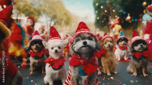 a group of dogs,pet parade adorned in Christmas outfits and accessories, parading down a street festooned with Christmas decorations, spreading holiday cheer.